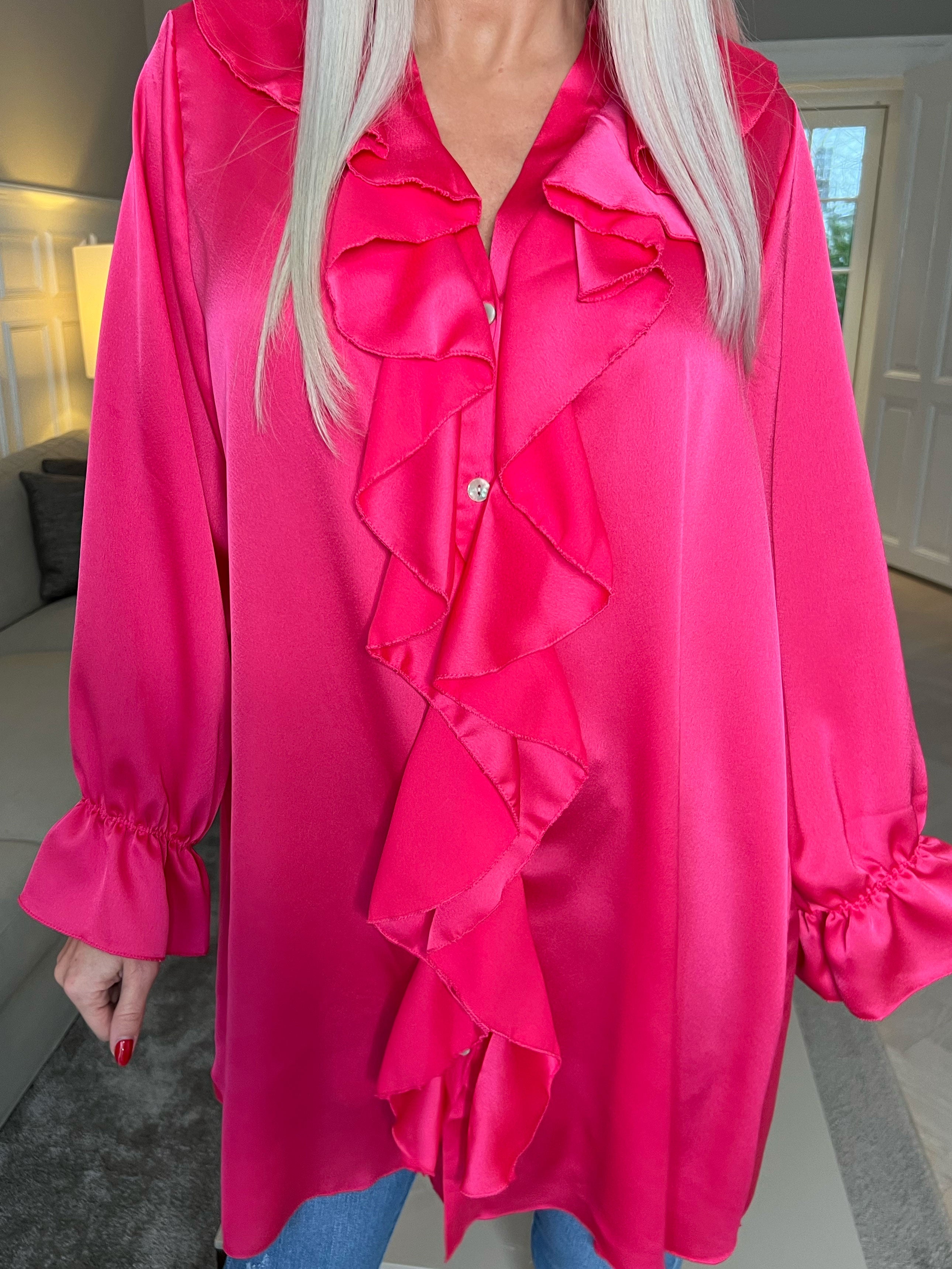 Abira - Plain skjortekjole i silkelook med flæser